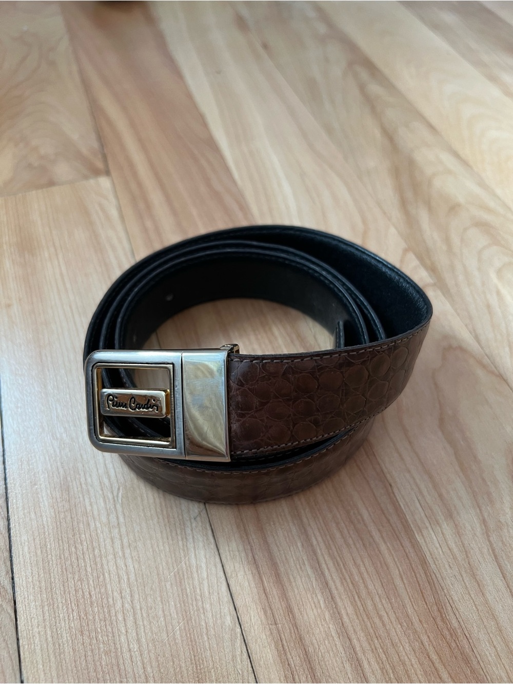 Pierre Cardin Brown Crocodile-effect Belt with Gold-Tone Signature Buckle